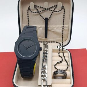 Aura Gents Luxury 5-Piece Gift Set: Premium Watch, Fiber Chain, Bar Locket & Accessories Bundle