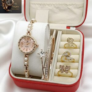 Pearl & Stone Luxury Women’s Jewelry Watch Set - 5-Piece Silver Edition with Bracelet & Rings