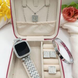 6-Piece Silver Luxury Gift Set: Zirqoon LED Watch, Cartier-Style Handcuff & Square Jewelry Collection