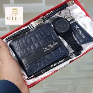 Premium 5-Piece Gents Luxury Gift Set: Crocodile Leather Wallet, Black Aura Watch & Accessories Bundle