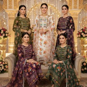 Aneela Luxury 3-Piece Swiss Lawn Suit: Long Embroidery Shirt, Organza Dupatta & Digital Printed Flapper