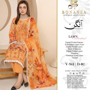Bonanza Aangan Summer Unstitched – Digital Printed Premium Lawn with Embroidered Daman