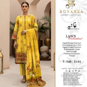 Bonanza Ghania Summer Unstitched – Premium Embroidered Lawn with 4-Patti Lace Dupatta