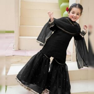 Kids Luxury Eid Gharara Set – Silk Shirt with Embroidered Organza Gharara & Lace Work