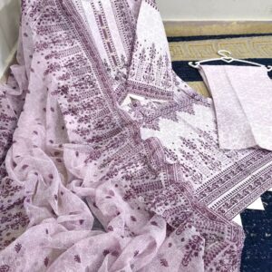 Block Printed 3-Piece Hand-Work Suit – Cotton Shirt with Crinkle Chiffon Dupatta