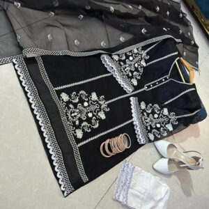 Premium 3-Piece Organza Embroidered Suit – Lace Detailed Shirt, Cotton Trouser & Organza Dupatta