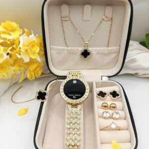 Elegant 6-Piece Jewellery Gift Set – LED Watch, Clover Necklace, 3 Earring Pairs, Bangle & Ring