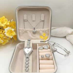 Eid Special 6-Piece Heart Zircon Jewellery Gift Set – Watch, Pendant, Earrings, Bangle & Ring with Organizer