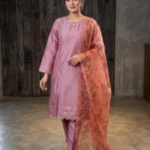 3-Pc Raw Silk Angrakha Suit – Digital Printed  Embroidered Organza Dupatta