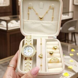 Fancy 6-Piece Stainless Steel Heart Jewellery Set – MH Zircon Watch, Necklace, Earrings, Bracelet, Ring & Box Options
