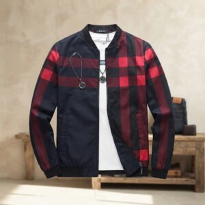 Men's Black Checkered Bomber Jacket - Stylish Full Zip Outerwear & Casual Streetwear | Achievers Eshop