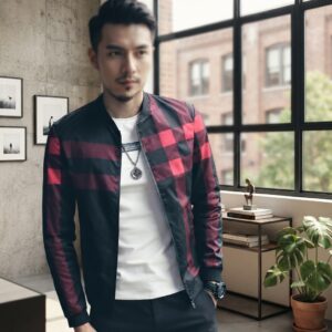 Men's Black Checkered Bomber Jacket - Stylish Full Zip Outerwear & Casual Streetwear | Achievers Eshop
