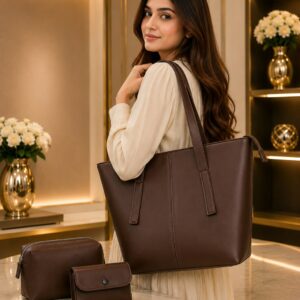 Premium 3-Piece Ladies Handbag Set – Large Tote Bag, Makeup Pouch & Mini Wallet